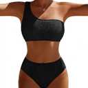 Bikini Sets for Women High Waisted 2 Piece Bestselling Swimsuit Ribbed One Shoulder Tummy Control Bathing Suit 2026 (Small, Black)
