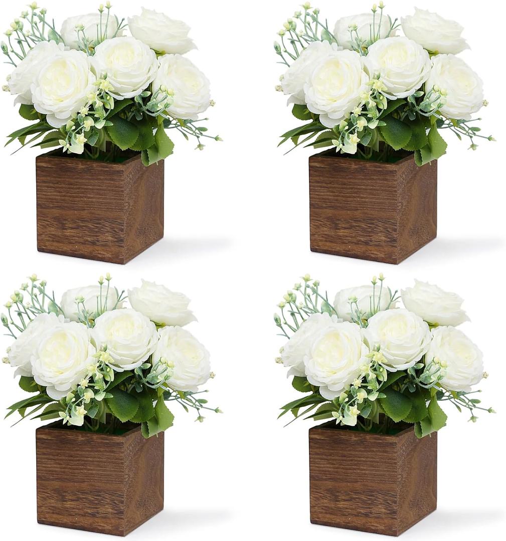Dining Table Centerpiece Set of 4 - Artificial Peony Flowers with Wooden Vase - Boho Fake Rose Bouquets Small Faux Silk Floral Arrangement for Wedding Party Bathroom Home Décor, White