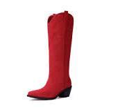 Pasuot Western Cowboy Boots for Women - Knee High Wide Calf Cowgirl Boots, Slip On Pointed Toe Chunky Heel Fashion Retro Classic Pull On Tall Boot for ladies Party concert, Red, 12