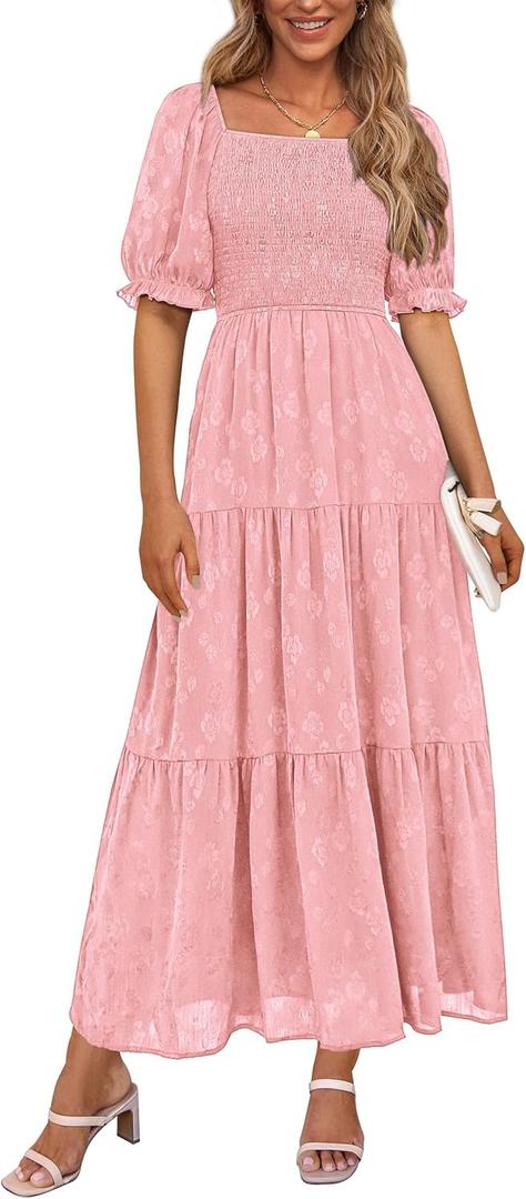 PRETTYGARDEN Women's 2026 Summer Casual Midi Dresses Square Neck Short Sleeve Smocked A Line Floral Flowy Elegant Boho Dress (Pink, S)