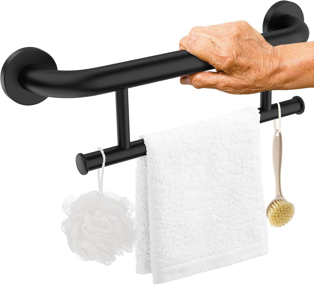 Oil Rubbed Black Grab Bar 17 Inch w/Towel Holder, iHansee Stainless Steel Shower Towel Bar Bathroom Balanced Support Handle, Wall Mount Safety Handrail Grab Rail for Elderly Senior Handicap Disabled