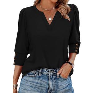 WIHOLL 3/4 Length Sleeve Womens Tops with Button Cuffs Dressy Casual V Neck Summer Outfits Early Fall Fashion Spring Clothes (XX-Large)