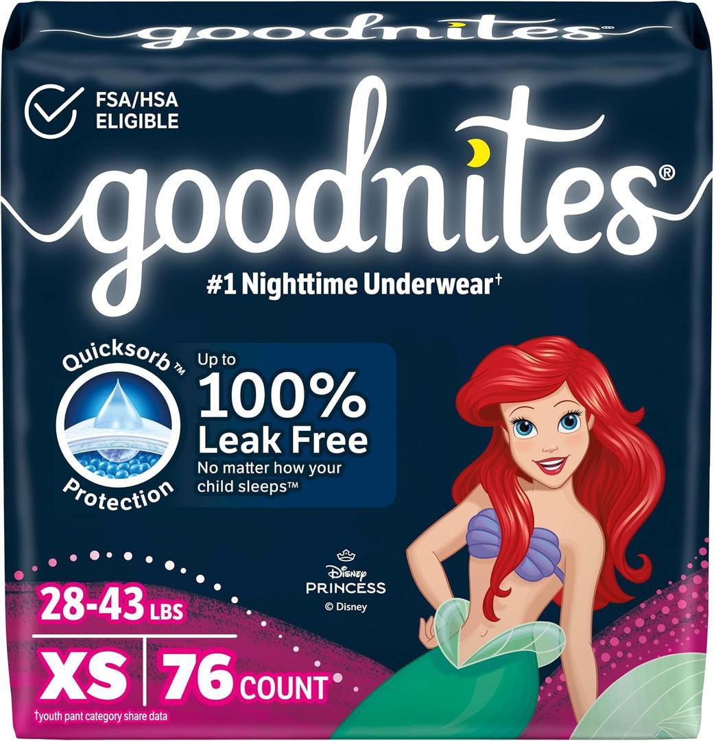 Goodnites Girls' Nighttime Bedwetting Underwear, Size Extra Small (28-43 lbs), 76 Ct (2 Packs of 38)