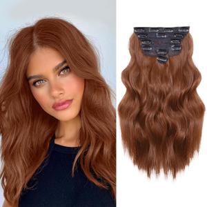 NAYOO Clip in Hair Extensions for Women 14Inch Short Wavy Curly Auburn Hair Extension 6PCS Synthetic Hair Extension Hairpieces(Auburn)