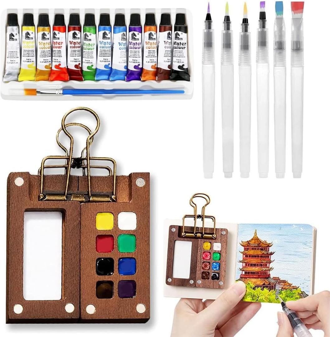 Mini Watercolor Paint Set, Portable Watercolor Paint Travel Set, Pocket Watercolor Travel Kit with 12 Color, Wooden Grid Paint Box, Sketchbook, 6 Brush, for Beginners, Artists Enthusiasts(Wooden-S)