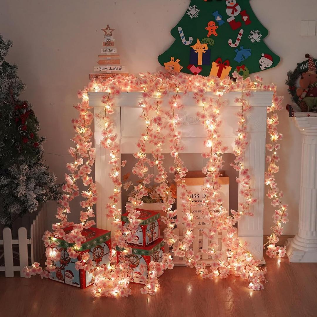 Artificial Cherry Blossom Lights190 LED 5.5ft x 6.2ft Warm White Curtain String Lights with Remote and Timer, 8 Modes, USB Powered for Room Wall Party Xmas Decor