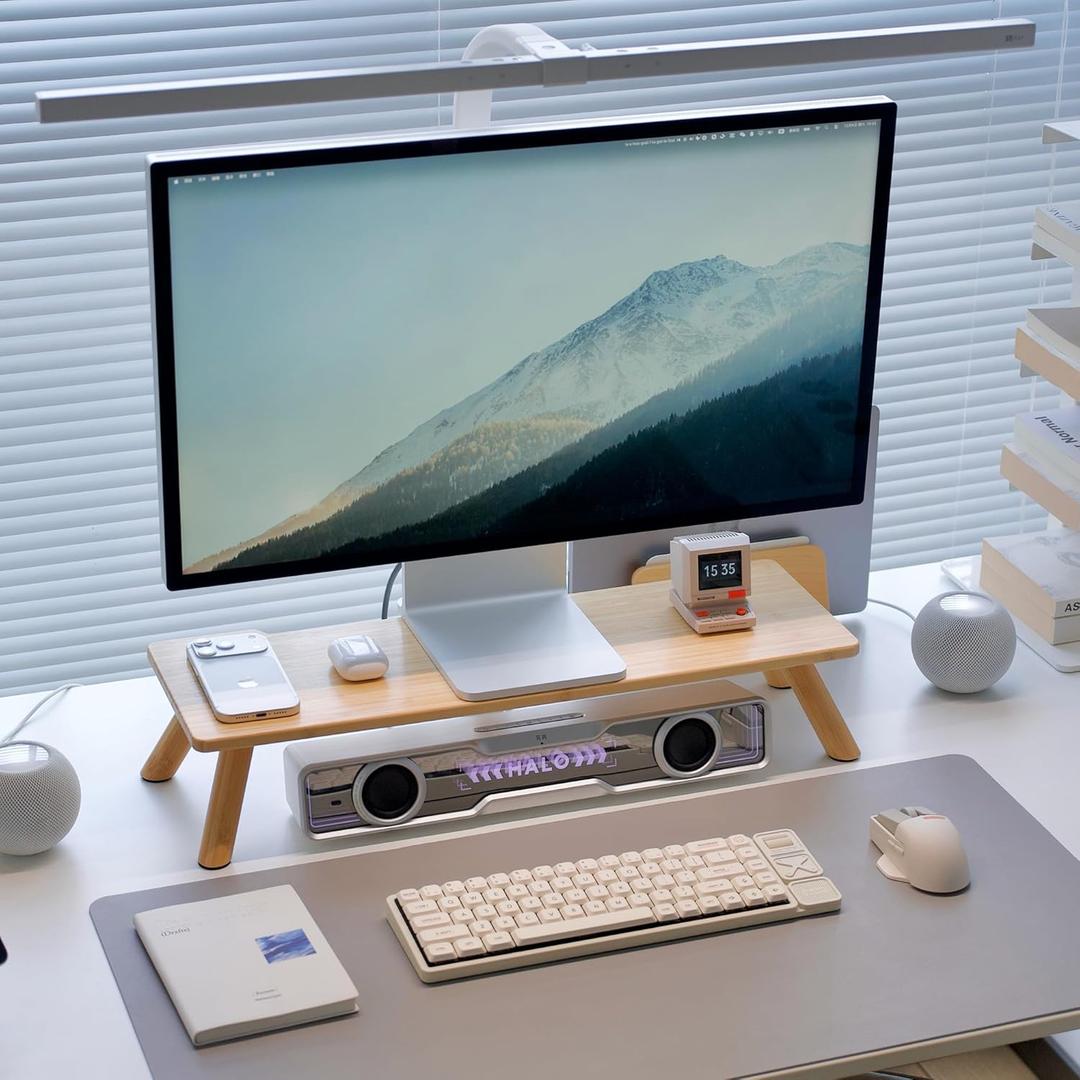 Bamboo Monitor Stand Riser with Cable Routing Slot, Ergonomic Computer Shelf for Desk, Natural Wood Desktop Organizer for Monitor Laptop Printer, Home Office Accessory