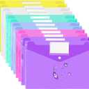 VANRA 12 Pack Plastic Envelopes Poly Envelope Clear Document Folders File Envelopes with Snap Button and Label Pocket for Office School A4 Letter Size Paper Storage, 6 Colors