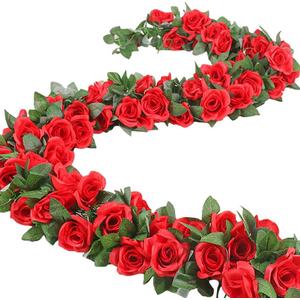 16 FT Fake Rose Vine Garland Artificial Flowers Plants Hanging Rose Ivy Home Hotel Office Wedding Party Garden Dcor (Red/2PCS)