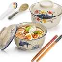 Nagpew 2 Pieces Ceramic Ramen Bowls, 25 Oz Large Soup Bowl with Lid, Spoon, Chopstick, Handpainted Japanese Tableware for Noodles, Salad, Rice, Microwave Dishwasher safe