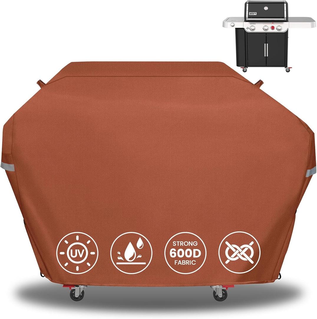 63 Inch Grill Cover for Weber Genesis 300 Series and New 2022 Genesis 300 Grills, Heavy Duty Waterproof Fade Resistant Outdoor BBQ Grill Cover with Elastic Drawstrings, Compared to Weber 7757, Brown