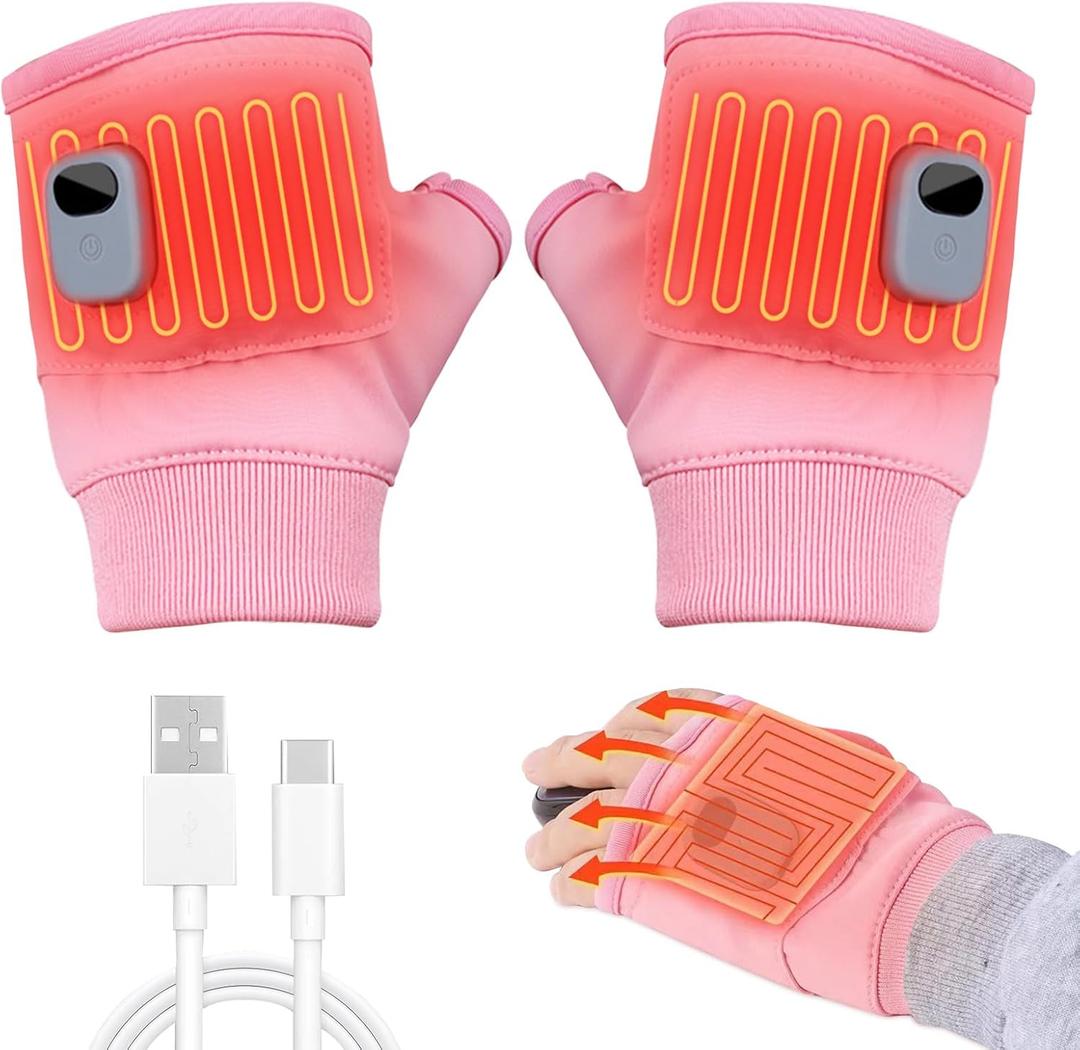 Heated Gloves for Women Rechargeable, Fingerless Rechargeable Heated Gloves, Hand Warmer Gloves, 3-Speed Adjustable Heated Fingerless Gloves, Winter Hand Warmer for Work Cycling Skiing (Medium, Pink)