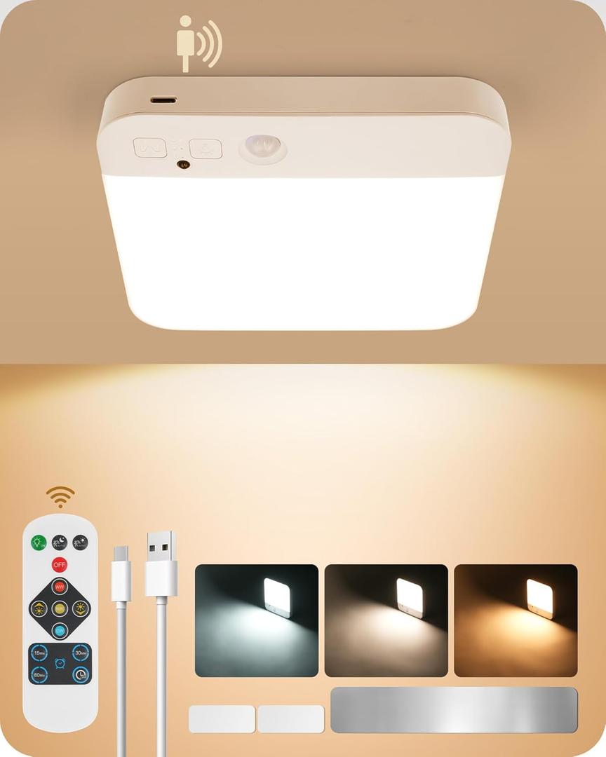 Rechargeable Motion Sensor Ceiling Light Wireless, Battery Operated Ceiling Light with Remote, No Wiring, Magnetic, 3 Colors, Dimmable 500LM for Shower Closet Bathroom Stairs Pantry Hallway Porch (1 Pack)