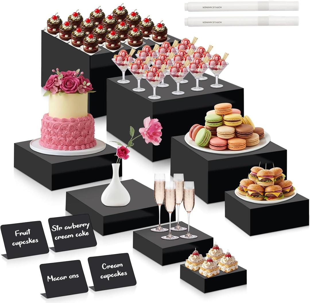 Blosssound 8 Pieces Black Acrylic Risers with 8 Signage 2 Markers, 3-10 Inch Cube Nesting Risers Display Stands with Hollow Bottoms for Buffet Table Catering Dessert Food Collectibles Show