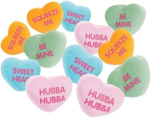 Fun Express 10 Pcs Plush Conversation Hearts - 4 inch - 4 Colors and Messages - Stuffed Valetines Day Toys