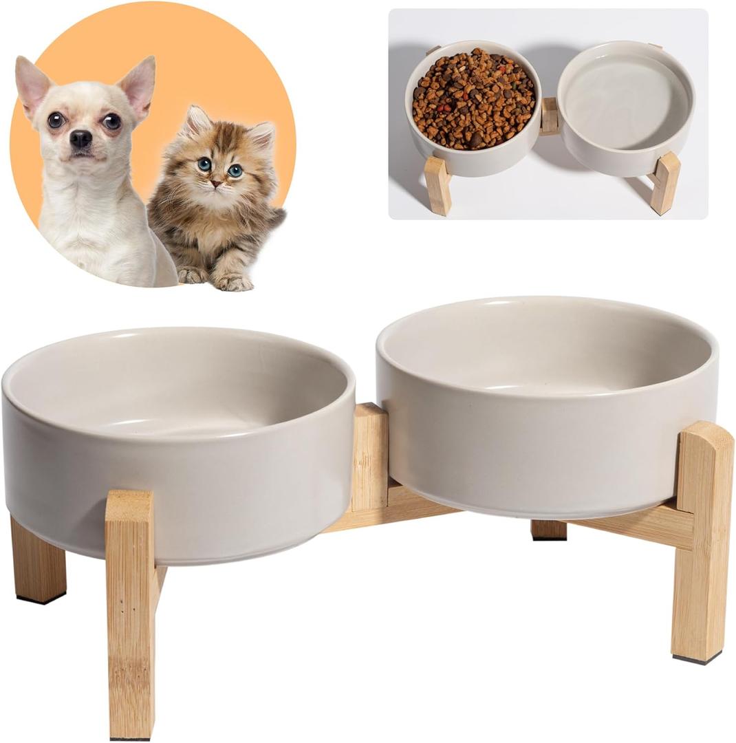 Elevated Ceramic Dog Bowl Set - Raised Feeding Bowls with Non-Slip Bamboo Stand - Small Pet Dishes for Food and Water - Ideal for Cats and Puppies - 16.23 OZ - 2 Cups - 480 ML (Grey)