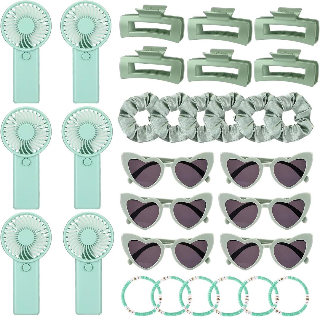 VIHOSE 30 Pack Sage Green Summer Party Favor Set for Women, Mini Handheld Fans for Outdoor Events, Matching Sunglasses Hair Clips Bracelets & Scrunchies, Ready-to-Gift Event Favor Kit