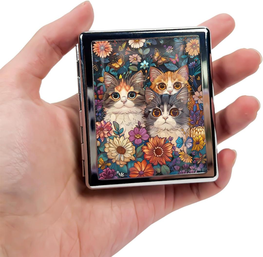 8Compartment Metal Pill Box Organizer  Portable Medicine Case 32.6 | FoodGrade Dividers | Secure Snap Button Lid | Travel & Gift for Seniors (Curious Kittens in Bloom)