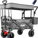 Collapsible Canopy Wagon - Heavy Duty Utility Outdoor Foldable Garden Cart - with Adjustable Push Pulling Handles,Big Wheels for Sand, for Shopping, Picnic, Camping, Sports - Grey (Gray)