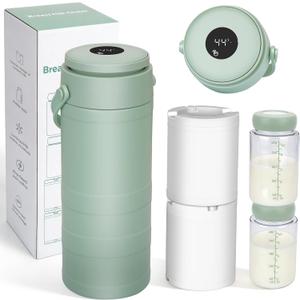 Portable Breast Milk Cooler for Outdoors & Work, 360° Total Cooling Keeps Milk Fresh for 24 Hours, 19oz Large Capacity Travel Breastmilk Chiller with Temp Display & 2pcs Bottle for Breastmilk Storage, Green