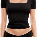 MANGOPOP Women's Square Neck Top Double Lined Short Sleeve Long Sleeve T Shirt Fitted Seamless Tee (Black, L)