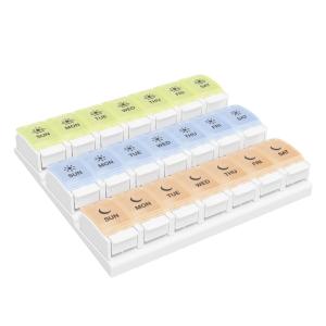 EZY DOSE Weekly (7-Day) Pill Case, Daily Medicine Planner, Vitamin Organizer Container, Large Push Button Compartments, Easy to Use, 3 Times a Day, Spring Open Design, Pastel Rainbow Lids, BPA Free