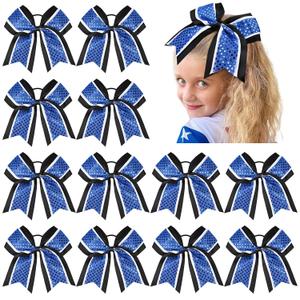 12 PCS 8" Large Glitter Cheer Bows Blue Black Girl Hair Bows Sparkly Cheerleading Softball Team Bow Hair Accessories for cheerleaders football Competition Sports