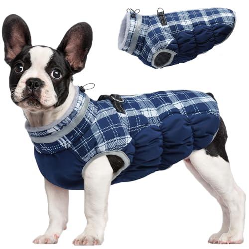 FUAMEY Dog Coat for Dogs,Waterproof Dog Winter Jacket with Harness Built in Puppy Cold Weather Coats Reflective Pet Vest with Zipper Warm Fleece Dogs Snowsuit Windproof Blue Plaid S