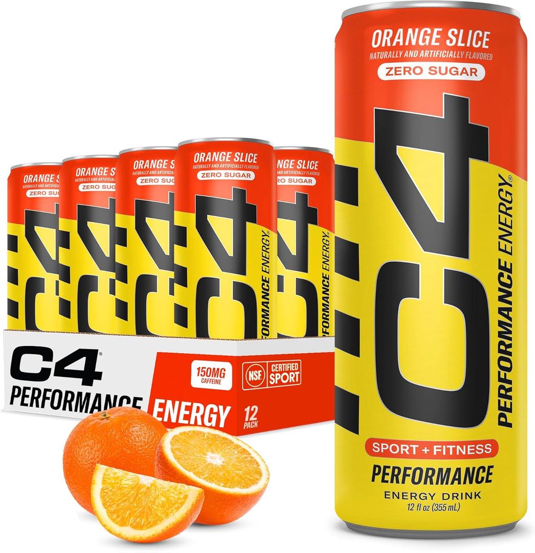 C4 Performance Energy Drink | Zero Sugar Carbonated Preworkout Energy | 150mg Caffeine with Beta Alanine | Orange Slice | 12 Fl Oz (12 Pack) (EXP 02/01/27)