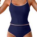 Eomenie Tankini Swimsuit for Women Tummy Control Ruched Two Piece Bathing Suits High Waisted Shell Stitch Swimwear L Navy Blue