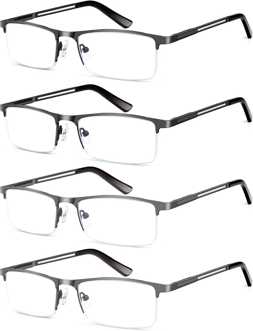 HIGHLIKE 4-Pack Blue Light Reading Glasses for Men, Metal Half Frame Readers Spring Hinge Clear Lens Eyeglasses with Pouches, Semi Rimless 2 Black 2 Gunmetal 2.5 x