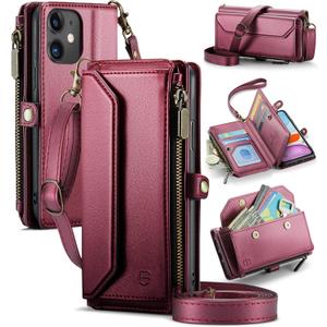 Wallet Case Compatible with iPhone 11 RFID Blocking 7-Card Holder Soft PU Leather Magnetic Snap Shoulder Strap Zipper Pocket Phone Case Fit for iPhone 11 for Women 6.1"