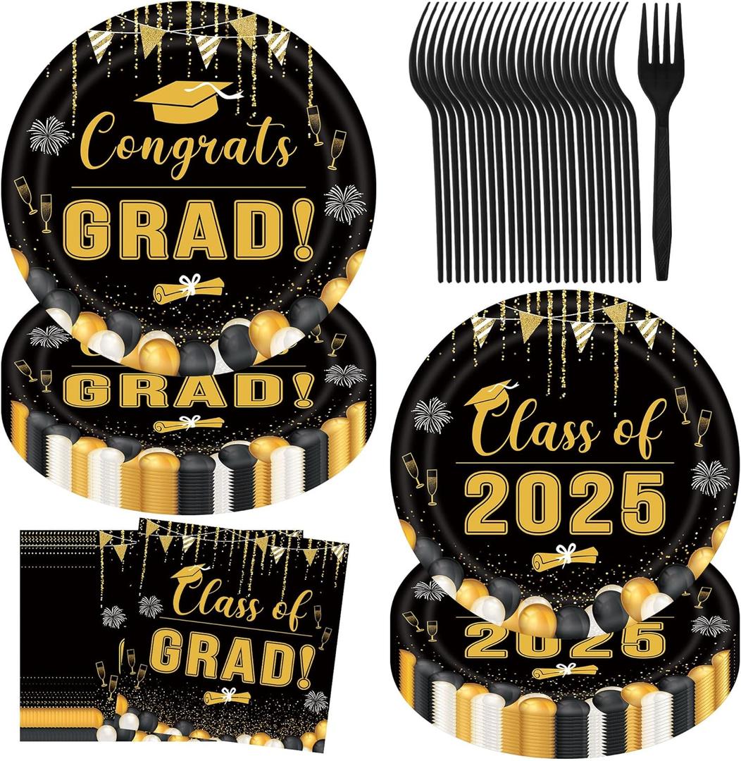 Graduation Decorations Class of 2025, JESTAR 2025 Graduation Party Supplies Disposable Grad Plates and Napkins Party Decorations Graduation Cap Decorations for Congrats Grad Party, Serve 24 (Black)