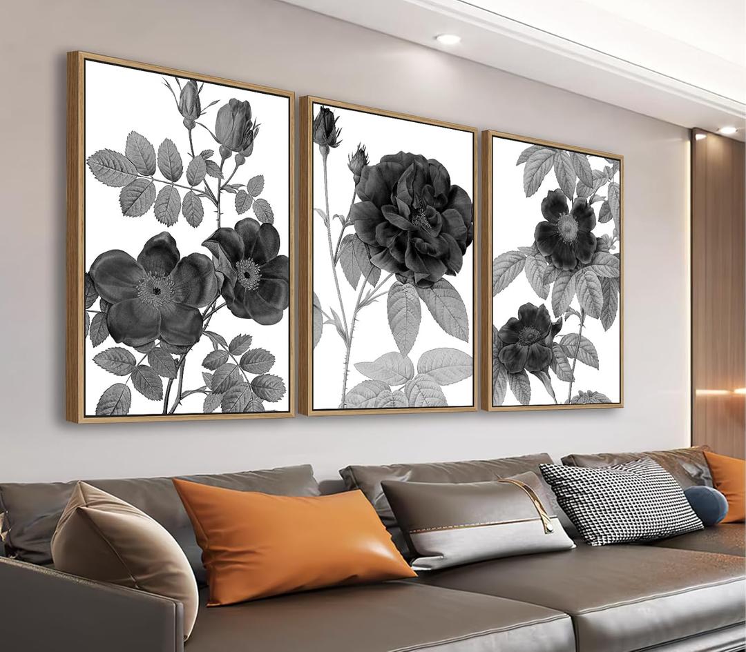 Large Framed Canvas Wall Art - Natural Float Framed Black Gray Flowers Pictures Decor Simple Blossom Leaves Botanical Artwork for Living Room Bedroom Kitchen Home Office Decoration 72" X 36" Set of 3