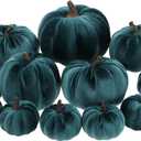 12pcs Artificial Velvet Faux Pumpkins Halloween Handmade Crafts Fabric Foam Fall Harvest Table Centerpiece Party Thanksgiving Decorative Teal