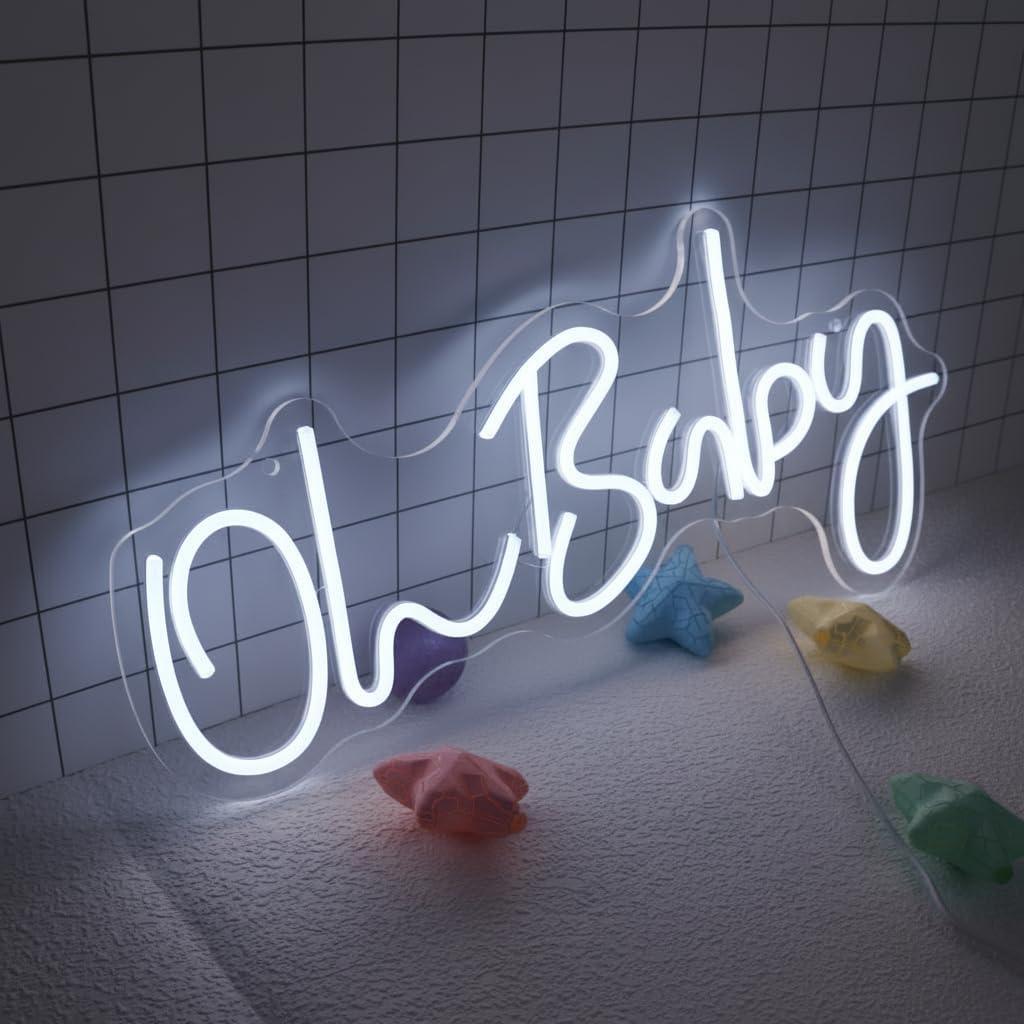Oh Baby Neon Sign Cool White LED Neon Light 21.7x10 Inch USB Powered Neon Letter Sign for Baby Shower Boy Girl Nursery Wall Decor Photo Backdrop Birthday Party Decoration Lighted Neon Signs