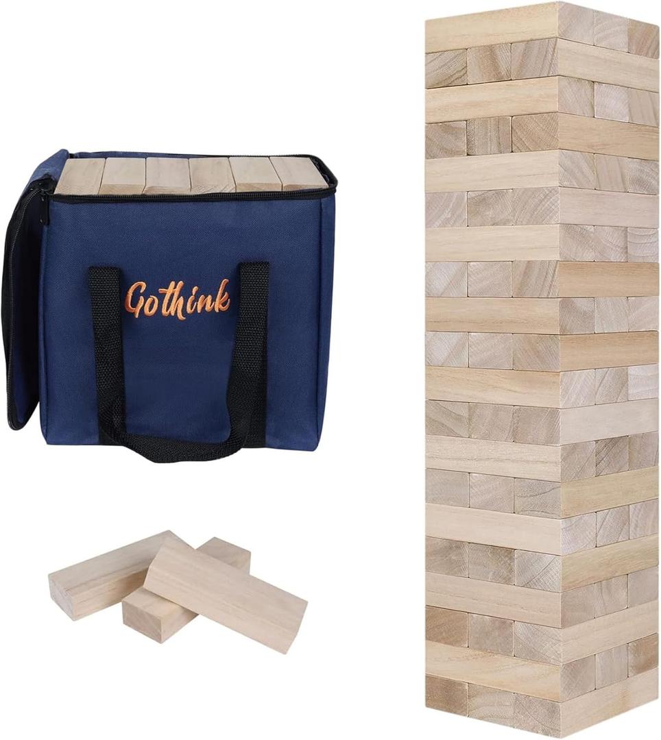 GOTHINK Giant Tumble Tower Game, Large Tumbling Tower Stacking to Over 3.2 FT 60pcs Wooden Jumbo Blocks for Outside Yard Games w/Carry Case Timber Stacking Game Night Toy Gift for Kids Adults Family
