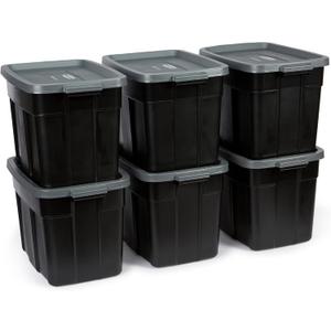 Rubbermaid 18 GAL 6 Pack Garage Storage Bins with Stackable Lid, Heavy Duty - Made in USA - Extreme Temperature Resistant, Durable Plastic Containers with Handles - Solid Black and Grey