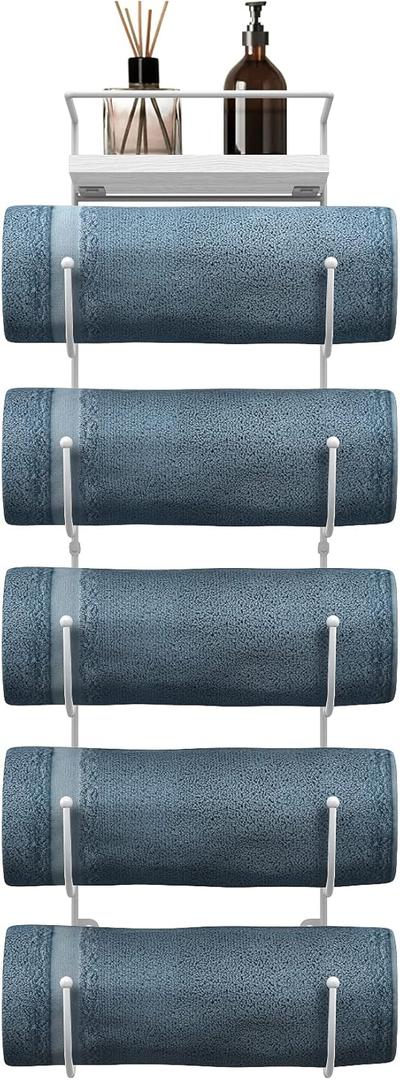 Sorbus Bathroom Towel Holder - 5 Tier Metal Towel Rack with Wood Shelf for Rolled Bath Towels, Washcloths, Linens, Hand Towels, Soaps & Accessories - Wall Mounted Towel Rack for Bathroom Towel Storage (White)