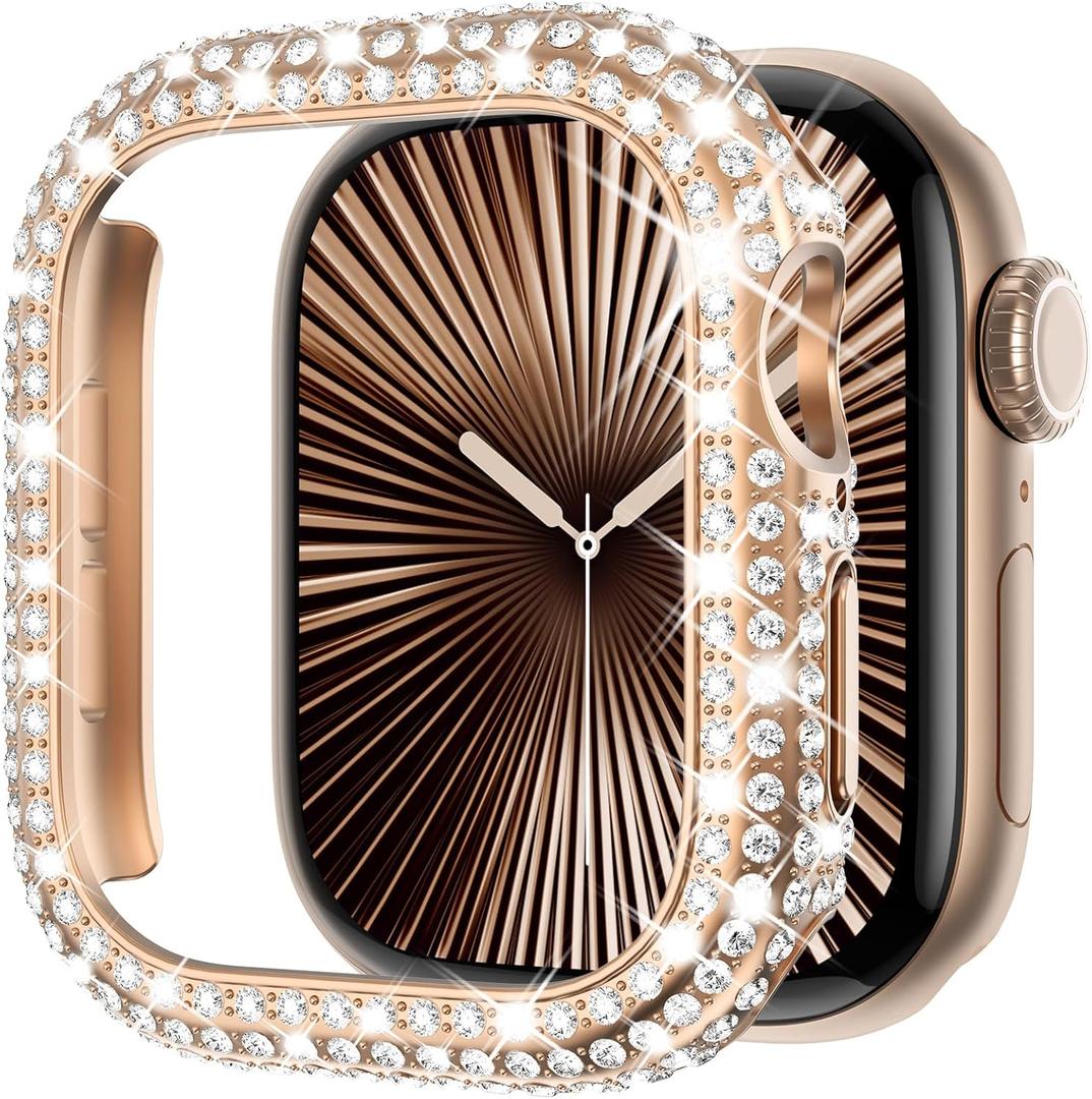 6 x Surace Bling Bumper Case Compatible with Apple Watch Series 11 Series 10 42mm Case, Crystal Diamond Rhinestone Protective Face Cover for iWatch 10/11 42mm, Rose Gold