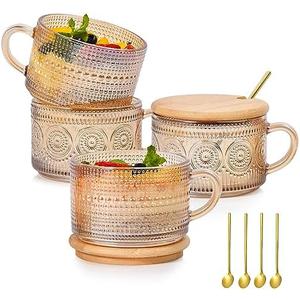 TIMIFTE Vintage Coffee Mugs Set of 4 Embossed Tea Cups, Overnight Oats Containers with Bamboo Lids and Spoons, 14oz Glass Coffee Cups for Cappuccino, Latte, Cereal, Yogurt, Beverage, Amber