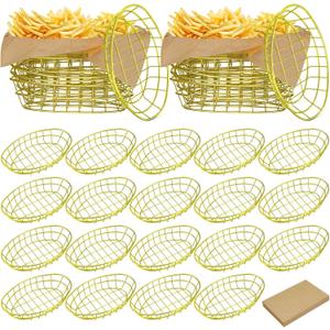 Hushee 24 Pcs Gold Wire Bread Basket with 100 Sheets Deli Wrappers Paper 9.5 x 6.2 x 2.2 Inches Metal Bread Box Oval Metal Dinner Roll Baskets Storage for Kitchen Table Fast Food