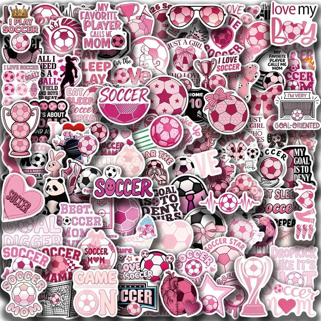 3 x 100PCS Soccer Stickers,Vinyl Waterproo Decals for Laptops Water Bottles Journals,Pink Soccer Sporty Gifts