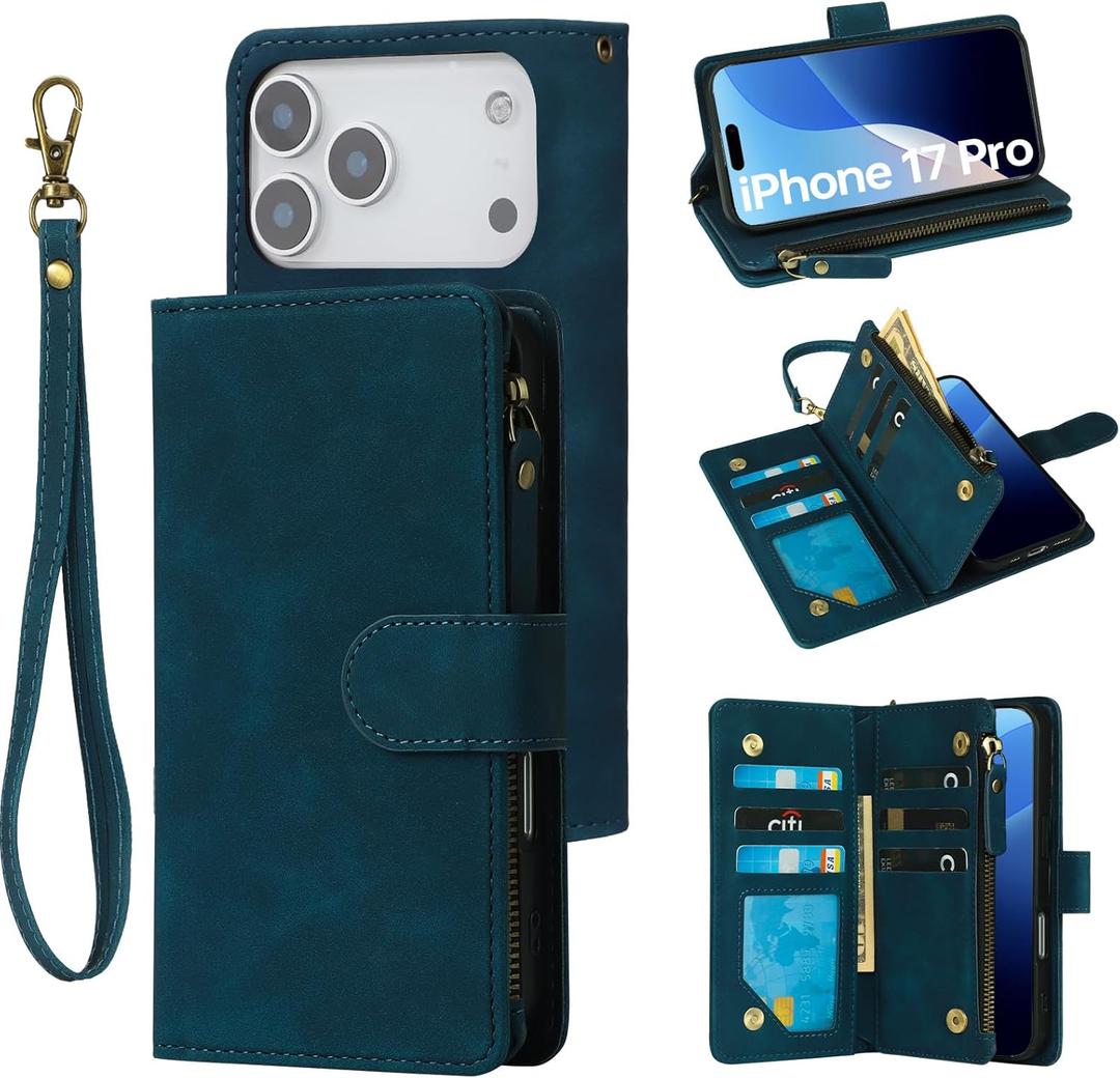 RANYOK Wallet Case Compatible with iPhone 17 Pro, 6 Card Holder with RFID Blocking, PU Leather Zipper Flip Wallet Pocket, Kickstand, Wrist Strap | Protective Phone Cover for 17 Pro, Blue