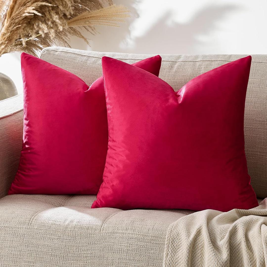 GIGIZAZA Red Velvet Decorative Throw Pillow Covers 18x18 for Sofa Bed 2 Pack Soft Cushion Covers