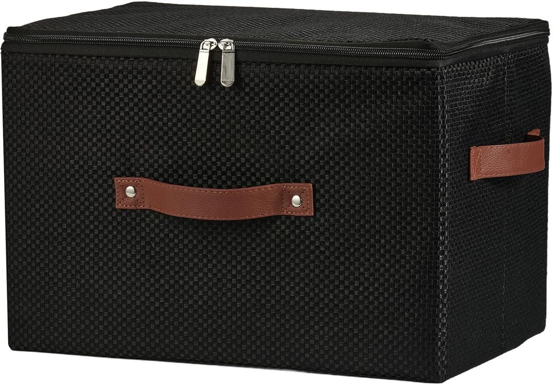 Storage Bins with Lid Fabric Storage Box Basket PU Leather Handle Textured Woven Cotton Linen Decorative Foldable Washable Shelf Closet Organizer Container (Zipper Lid, Black, Large)