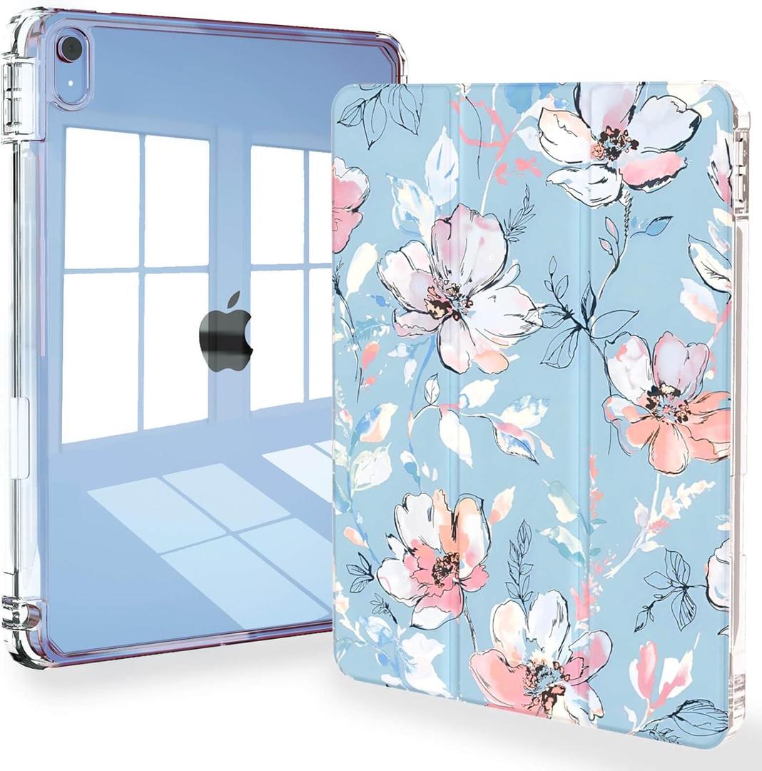 Feams Case for iPad (A16) 11th Generation 11 Inch 2025, iPad 10th Generation 10.9 Inch 2022, Slim iPad A16 Case Clear Back Cover with Pencil Holder & Auto Sleep, Blue Flower
