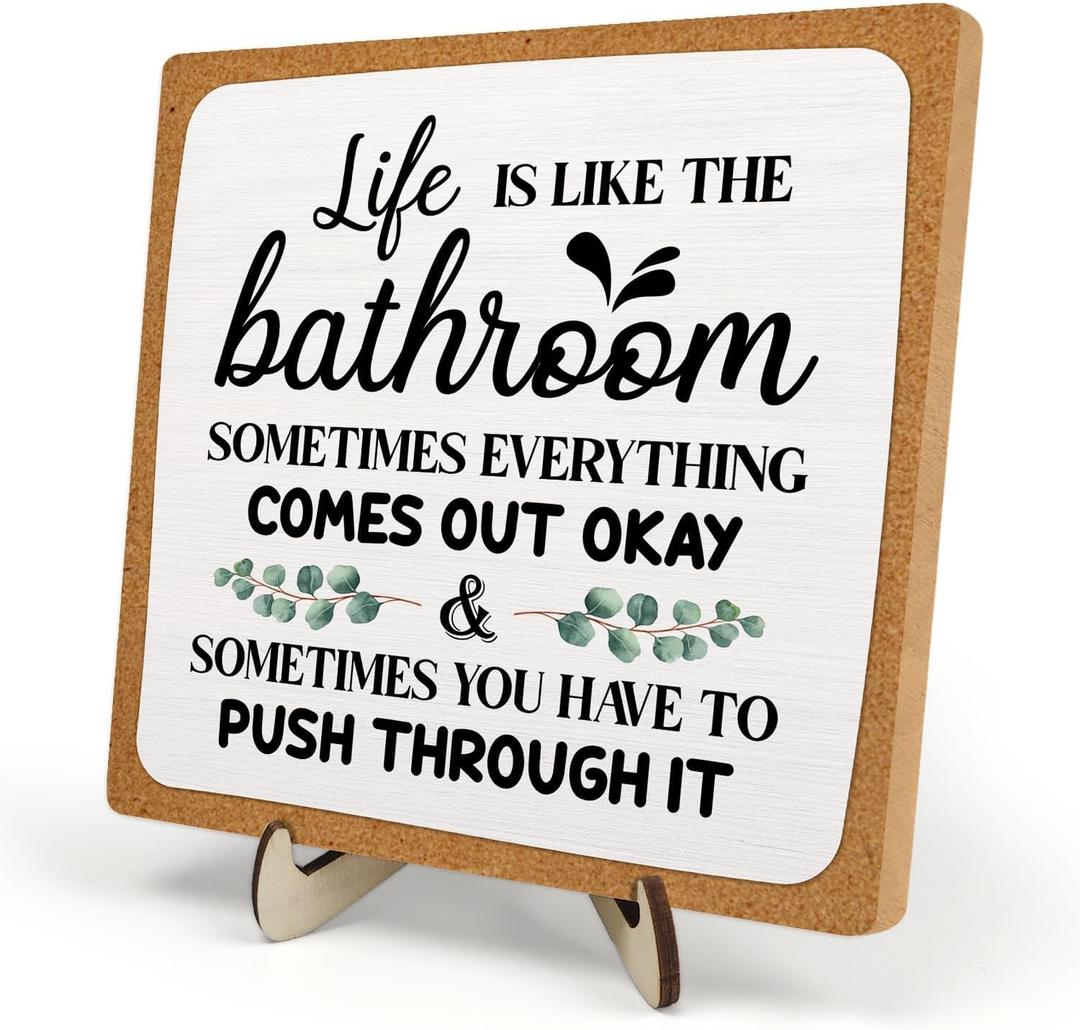 Bathroom Decor, Vintage Bathroom Wood Plaque Sign, Life is Like The Bathroom Sign Desk Decor, Farmhouse Decor for Shelf Bathroom Toilet Home Decor 5.9x5.9 Inch (White-1)