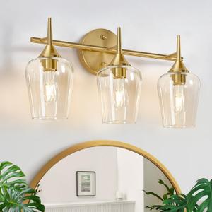 MOKATNG 3-Light Bathroom Light Fixtures, 19.5 Inch Brushed Gold Vanity Lights with Glass Shape, Bathroom Lights Over Mirror, Modern Wall Lamps for Bedroom Living Room Hallway