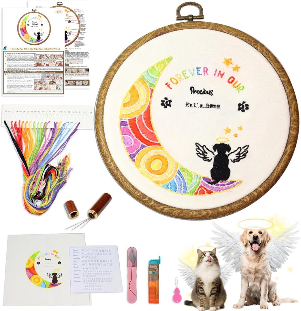 GOLDEN SMILE Pet Memorial Embroidery Kit | Personalized Pet Name & Date for Loss of Pet | Fun Needlework Starter Set for Adult Beginners | Includes 2-in-1 Hoop, Threads, Needles & More